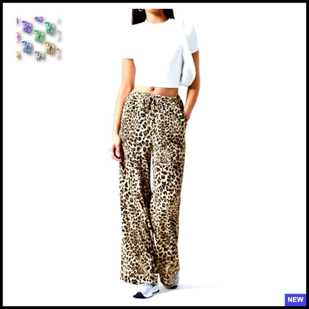 Leopard Print Wide Leg Trousers Drawstring Waist Tie Front Chic Casual - Picture 3 of 5
